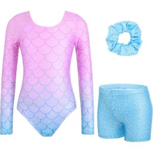 Zaclotre Gymnastics Leotards for Girls Long Sleeve Sparkly Dance Unitards Biketards with Tumbling Shorts(Mermaid)