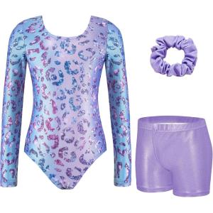 Zaclotre Gymnastics Leotards for Girls Long Sleeve Sparkly Dance Unitards Biketards with Tumbling Shorts(Purple Leopard)