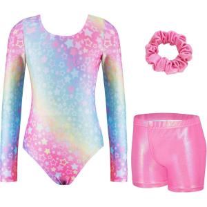 Zaclotre Gymnastics Leotards for Girls Long Sleeve Sparkly Dance Unitards Biketards with Tumbling Shorts(Rainbow Star)