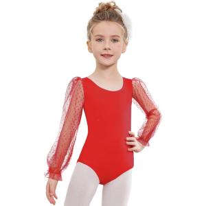 Zaclotre Gymnastics Leotards for Girls Polka Dots Mesh Long Sleeve Ballet Dance Outfit Toddler Size 3-11 Years(Dark Red)
