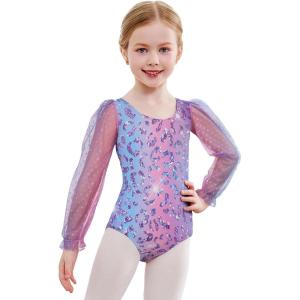 Zaclotre Gymnastics Leotards for Girls Polka Dots Mesh Long Sleeve Ballet Dance Outfit Toddler Size 3-11 Years(Green Rainbow)