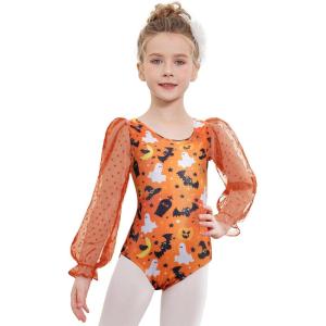 Zaclotre Gymnastics Leotards for Girls Polka Dots Mesh Long Sleeve Ballet Dance Outfit Toddler Size 3-11 Years(Orange-halloween)