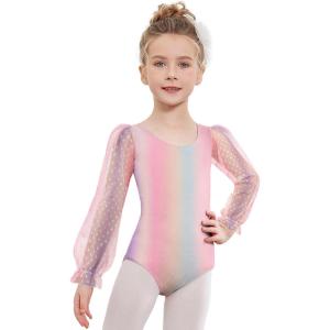Zaclotre Gymnastics Leotards for Girls Polka Dots Mesh Long Sleeve Ballet Dance Outfit Toddler Size 3-11 Years(Pink Rainbow)