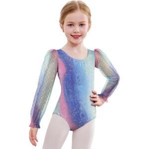 Zaclotre Gymnastics Leotards for Girls Polka Dots Mesh Long Sleeve Ballet Dance Outfit Toddler Size 3-11 Years(Purple Gradient Leopard)