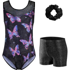 Zaclotre Gymnastics Leotards for Girls Sparkly Ballet Dance Biketards Tumbling Outfit with Matching Shorts Set(Black Butterfly)