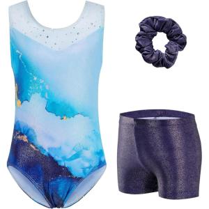 Zaclotre Gymnastics Leotards for Girls Sparkly Ballet Dance Biketards Tumbling Outfit with Matching Shorts Set(Marble Blue)