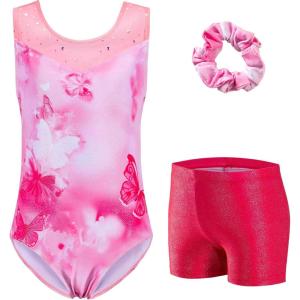 Zaclotre Gymnastics Leotards for Girls Sparkly Ballet Dance Biketards Tumbling Outfit with Matching Shorts Set(Pink Butterfly)