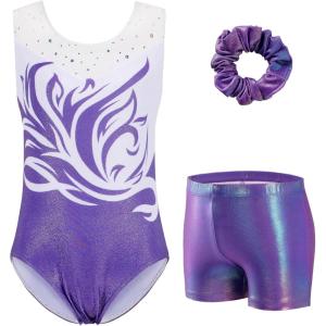 Zaclotre Gymnastics Leotards for Girls Sparkly Ballet Dance Biketards Tumbling Outfit with Matching Shorts Set(Shiny Purple White)