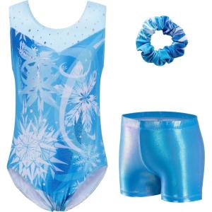 Zaclotre Gymnastics Leotards for Girls Sparkly Ballet Dance Biketards Tumbling Outfit with Matching Shorts Set(Snowflake Blue)
