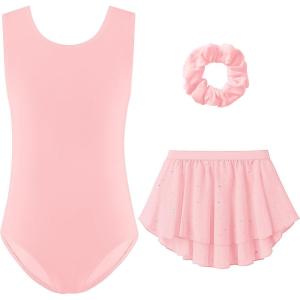Zaclotre Gymnastics Leotards for Girls Sparkly Sleeveless Ballet Dance Dress Outfit Combo with Removable Skirt(Ballet Pink)