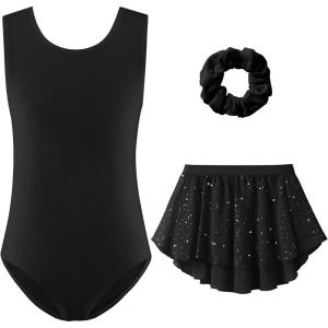 Zaclotre Gymnastics Leotards for Girls Sparkly Sleeveless Ballet Dance Dress Outfit Combo with Removable Skirt(Black)