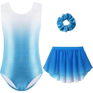 Zaclotre Gymnastics Leotards for Girls Sparkly Sleeveless Ballet Dance Dress Outfit Combo with Removable Skirt(Gradient White Blue)