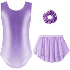 Zaclotre Gymnastics Leotards for Girls Sparkly Sleeveless Ballet Dance Dress Outfit Combo with Removable Skirt(Gradient White Purple)