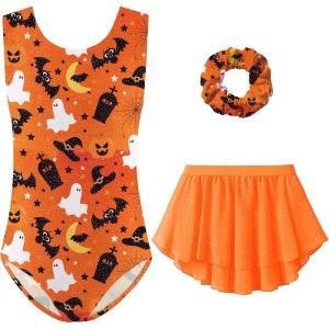 Zaclotre Gymnastics Leotards for Girls Sparkly Sleeveless Ballet Dance Dress Outfit Combo with Removable Skirt(Halloween)