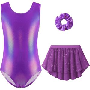 Zaclotre Gymnastics Leotards for Girls Sparkly Sleeveless Ballet Dance Dress Outfit Combo with Removable Skirt(Sparkly Purple)