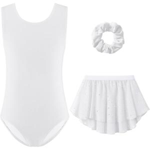 Zaclotre Gymnastics Leotards for Girls Sparkly Sleeveless Ballet Dance Dress Outfit Combo with Removable Skirt(White)
