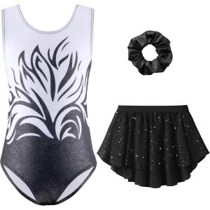 Zaclotre Gymnastics Leotards for Girls Sparkly Sleeveless Ballet Dance Dress Outfit Combo with Removable Skirt(White and Black)