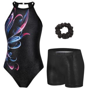 Zaclotre Gymnastics Leotards for Girls Sparkly Sleeveless Clasp Back Dance Leotard Unitards with Tumbling Shorts(Black Abstract)
