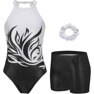 Zaclotre Gymnastics Leotards for Girls Sparkly Sleeveless Clasp Back Dance Leotard Unitards with Tumbling Shorts(Black Flame)