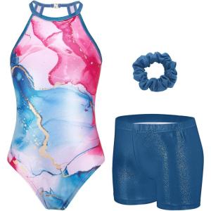 Zaclotre Gymnastics Leotards for Girls Sparkly Sleeveless Clasp Back Dance Leotard Unitards with Tumbling Shorts(Blue Marble)