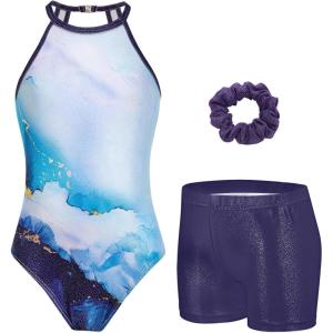 Zaclotre Gymnastics Leotards for Girls Sparkly Sleeveless Clasp Back Dance Leotard Unitards with Tumbling Shorts(Dark Purple Marbel)