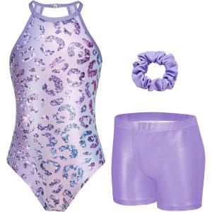 Zaclotre Gymnastics Leotards for Girls Sparkly Sleeveless Clasp Back Dance Leotard Unitards with Tumbling Shorts(Purple Leopard)