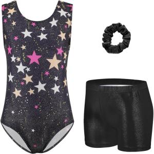 Zaclotre Gymnastics Leotards for Girls Sparkly Sleeveless Dance Unitards Biketards with Gym Shorts(Black Star)