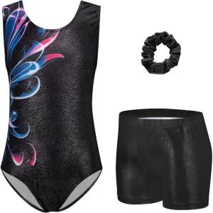 Zaclotre Gymnastics Leotards for Girls Sparkly Sleeveless Dance Unitards Biketards with Gym Shorts(Black-abstract)