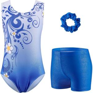 Zaclotre Gymnastics Leotards for Girls Sparkly Sleeveless Dance Unitards Biketards with Gym Shorts(Blue Flower)