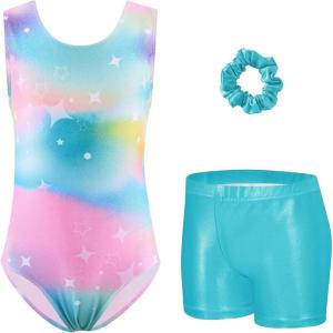 Zaclotre Gymnastics Leotards for Girls Sparkly Sleeveless Dance Unitards Biketards with Gym Shorts(Color Gradient Star)