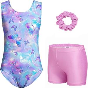 Zaclotre Gymnastics Leotards for Girls Sparkly Sleeveless Dance Unitards Biketards with Gym Shorts(Gradient Butterfly)