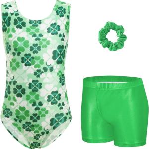 Zaclotre Gymnastics Leotards for Girls Sparkly Sleeveless Dance Unitards Biketards with Gym Shorts(Green Leaf)
