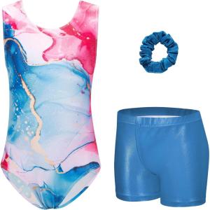 Zaclotre Gymnastics Leotards for Girls Sparkly Sleeveless Dance Unitards Biketards with Gym Shorts(Pink/Blue Marble)