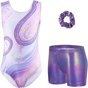 Zaclotre Gymnastics Leotards for Girls Sparkly Sleeveless Dance Unitards Biketards with Gym Shorts(Purple Marble)