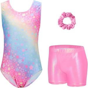 Zaclotre Gymnastics Leotards for Girls Sparkly Sleeveless Dance Unitards Biketards with Gym Shorts(Rainbow Star)