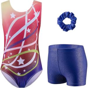 Zaclotre Gymnastics Leotards for Girls Sparkly Sleeveless Dance Unitards Biketards with Gym Shorts(Tan/Rainbow Stars)