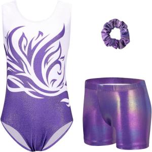 Zaclotre Gymnastics Leotards for Girls Sparkly Sleeveless Dance Unitards Biketards with Gym Shorts(White/ Purple Flame)