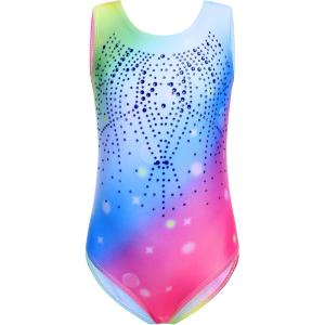 Zaclotre Gymnastics Leotards for Girls with Shorts Rainbow Star Leopard Toddler Kids Sparkly Dance Outfits Biketard(Shiny Rainbow)