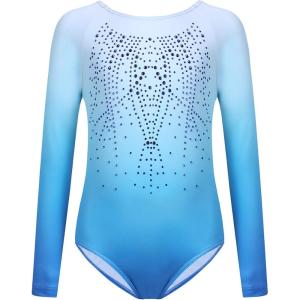 Zaclotre Kid Girls Gymnastic Leotard Long Sleeve Color Gradient Sparkly Ballet Dance One Piece Outfit(Blue)