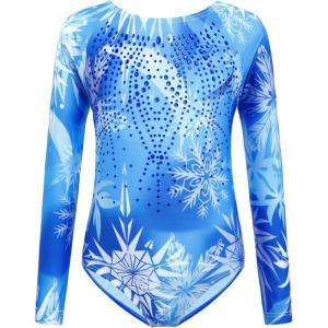 Zaclotre Kid Girls Gymnastic Leotard Long Sleeve Color Gradient Sparkly Ballet Dance One Piece Outfit(Blue Ice Flower)
