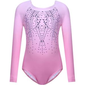 Zaclotre Kid Girls Gymnastic Leotard Long Sleeve Color Gradient Sparkly Ballet Dance One Piece Outfit(Pink)