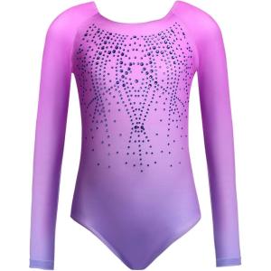 Zaclotre Kid Girls Gymnastic Leotard Long Sleeve Color Gradient Sparkly Ballet Dance One Piece Outfit(Pink Lilac)