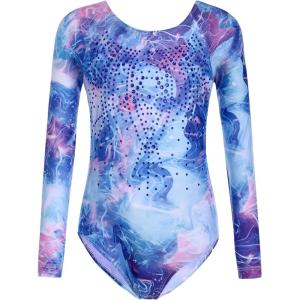 Zaclotre Kid Girls Gymnastic Leotard Long Sleeve Color Gradient Sparkly Ballet Dance One Piece Outfit(Shiny Blue Spark)