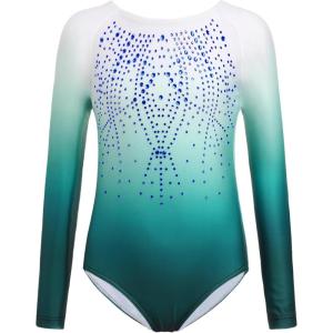 Zaclotre Kid Girls Gymnastic Leotard Long Sleeve Color Gradient Sparkly Ballet Dance One Piece Outfit(Shiny Teal)
