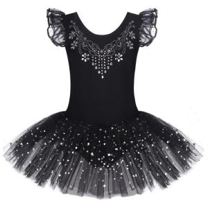 Zaclotre Kid Girls Ruffle Sleeve Ballet Skirted Leotard Shiny Dance Tutu Dresses(Black)
