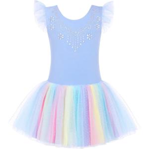 Zaclotre Kid Girls Ruffle Sleeve Ballet Skirted Leotard Shiny Dance Tutu Dresses(Blue Rainbow)