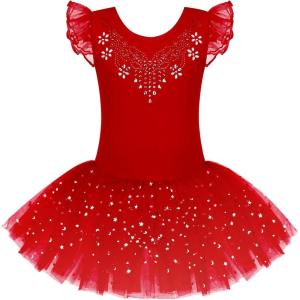 Zaclotre Kid Girls Ruffle Sleeve Ballet Skirted Leotard Shiny Dance Tutu Dresses(Christmas Red)