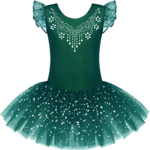 Zaclotre Kid Girls Ruffle Sleeve Ballet Skirted Leotard Shiny Dance Tutu Dresses(Dark Green)