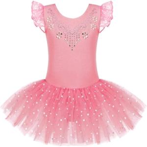 Zaclotre Kid Girls Ruffle Sleeve Ballet Skirted Leotard Shiny Dance Tutu Dresses(Dark Pink)