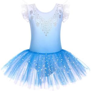 Zaclotre Kid Girls Ruffle Sleeve Ballet Skirted Leotard Shiny Dance Tutu Dresses(Dream Blue)